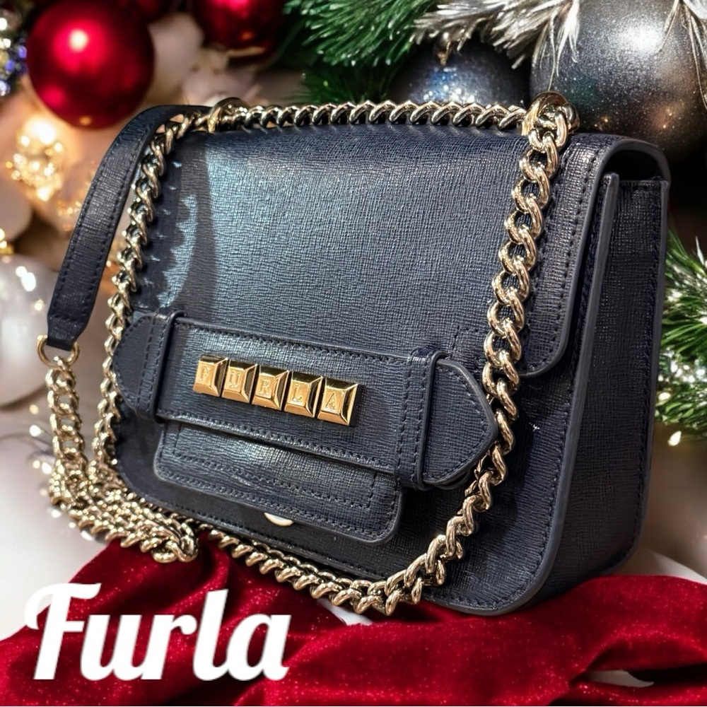Furla Navy Blue Crossbody with Gold Tone Studs EUC